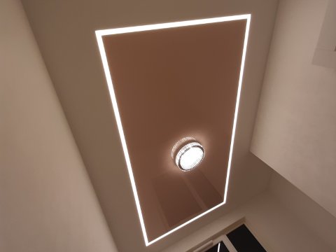 Sufit napinany biały, brązowy połysk w sypialni